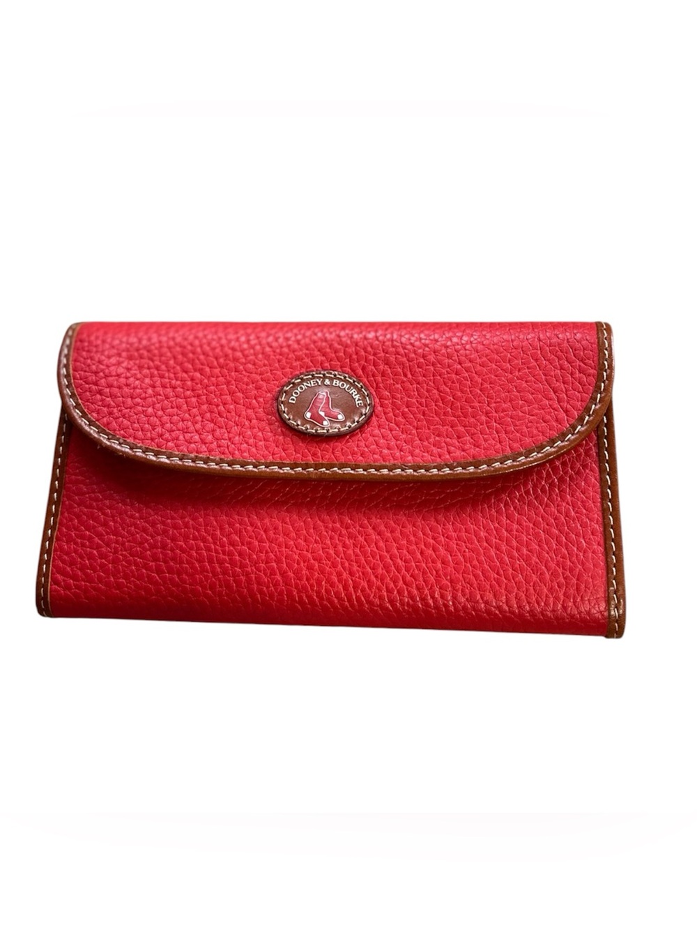 🆕Dooney & Bourke Red Pebbled Leather Continental Wallet with Brown Trim